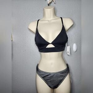 Women's Black and Striped Two-Piece Bikini Swimsuit, Size Medium